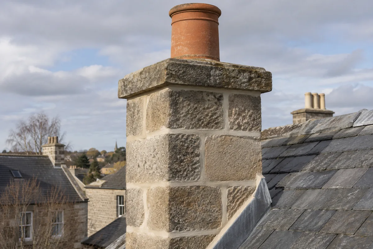 Illustrative sandstone chimney masonry with neatly finished mortar joints.