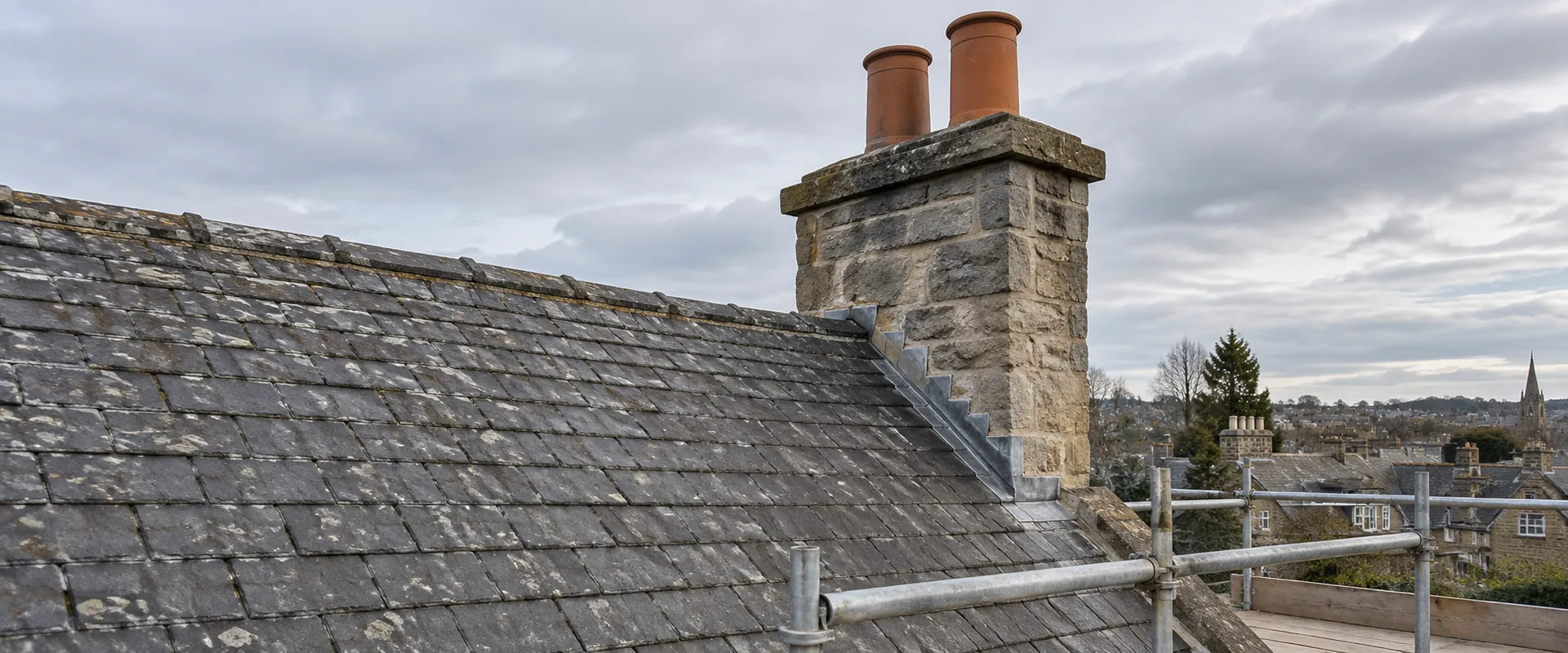 Illustrative sandstone chimney with terracotta pots above a slate roof and scaffold access.