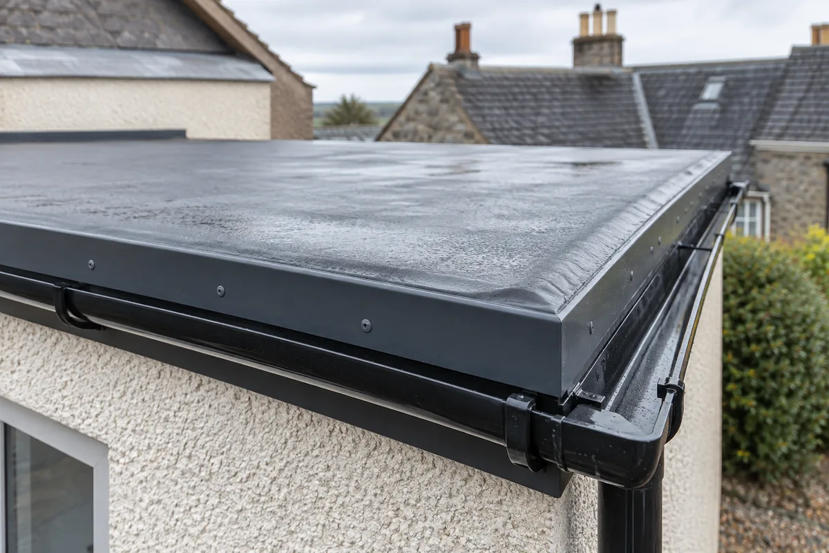 Illustrative EPDM membrane edge, metal trim and gutter on a rendered extension.