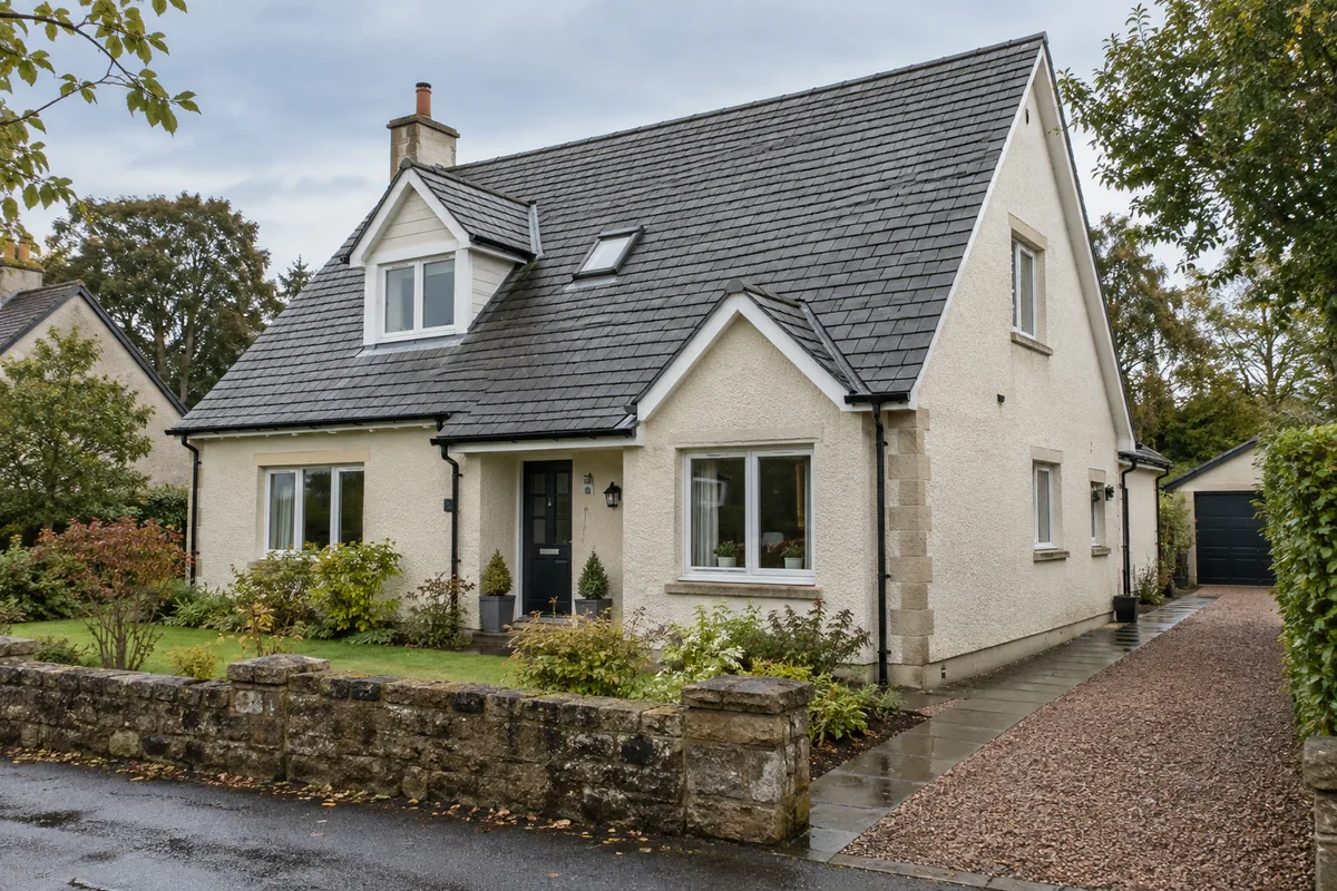 Illustrative cream-harled house with a grey pitched roof and black guttering.