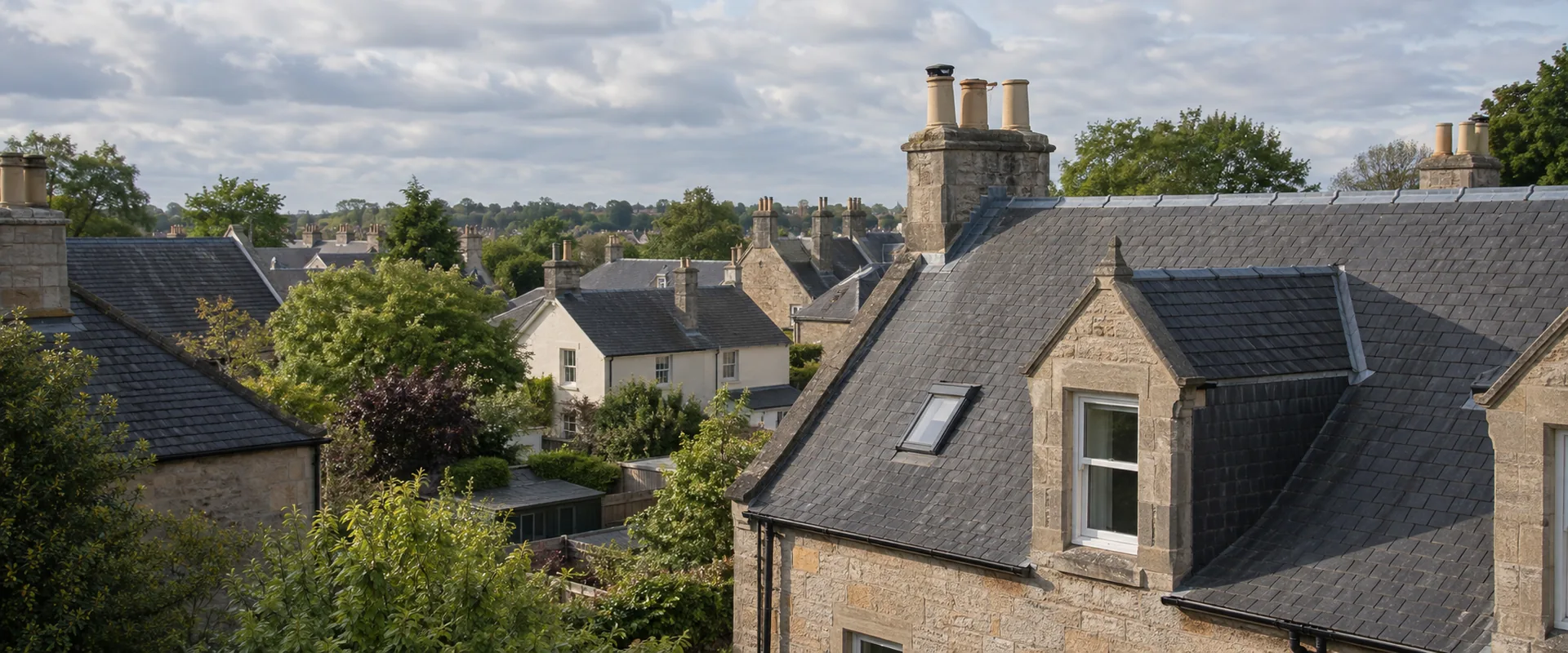 Illustrative roofscape of stone and harled houses with slate roofs and chimney stacks.