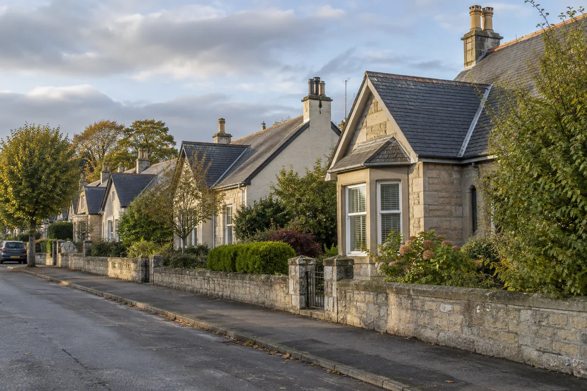 Illustrative residential street with stone walls, slate-roofed houses and garden trees.