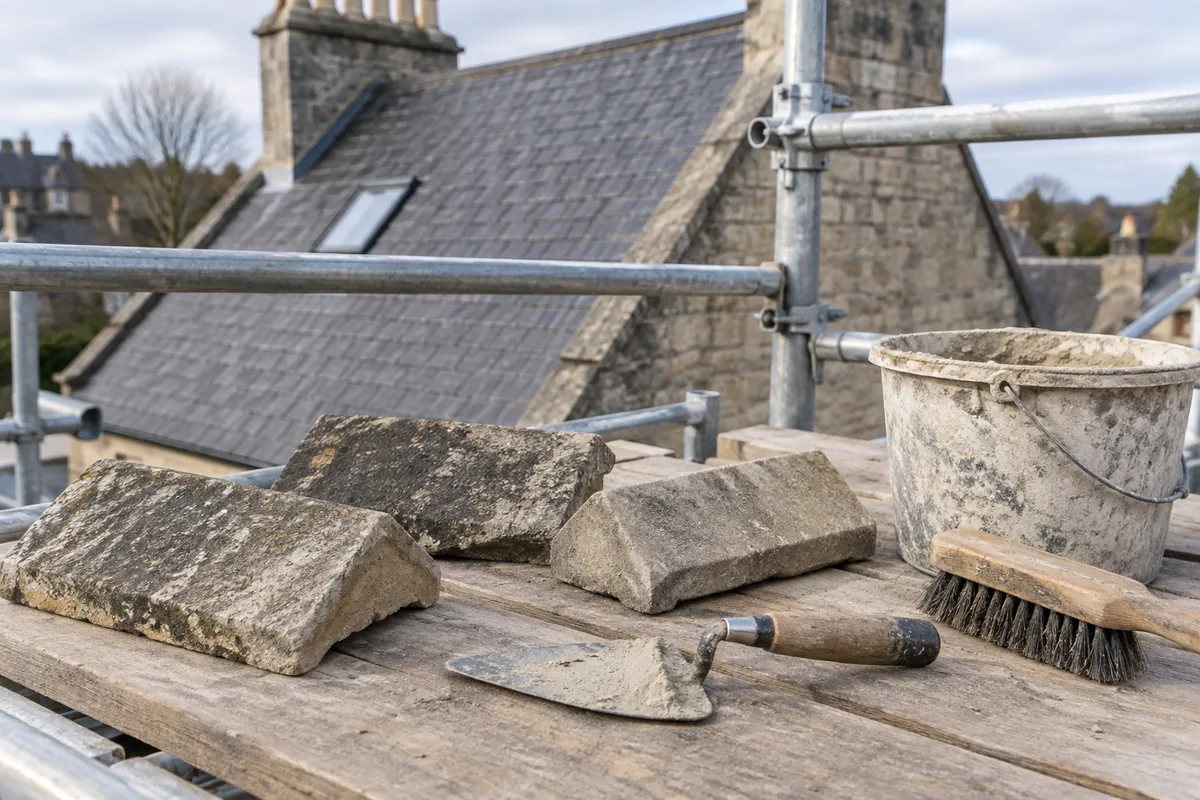 Illustrative pointing tools and pale mortar prepared on a guarded work platform.