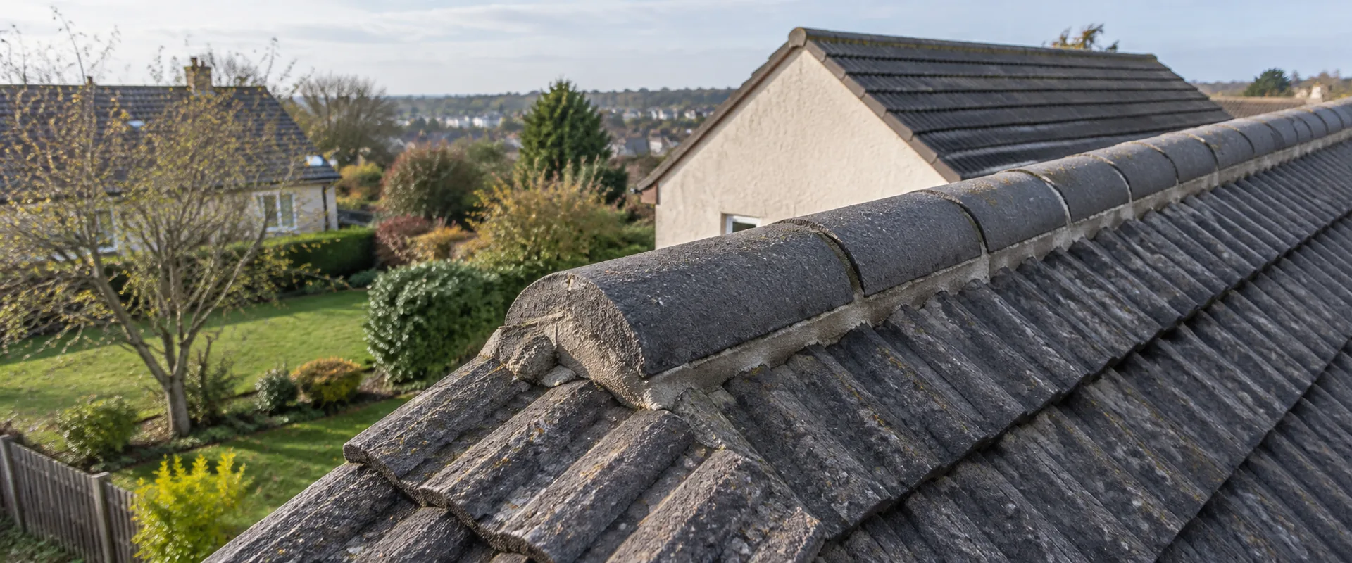 Illustrative half-round ridge tiles along the apex of a pitched tiled roof.