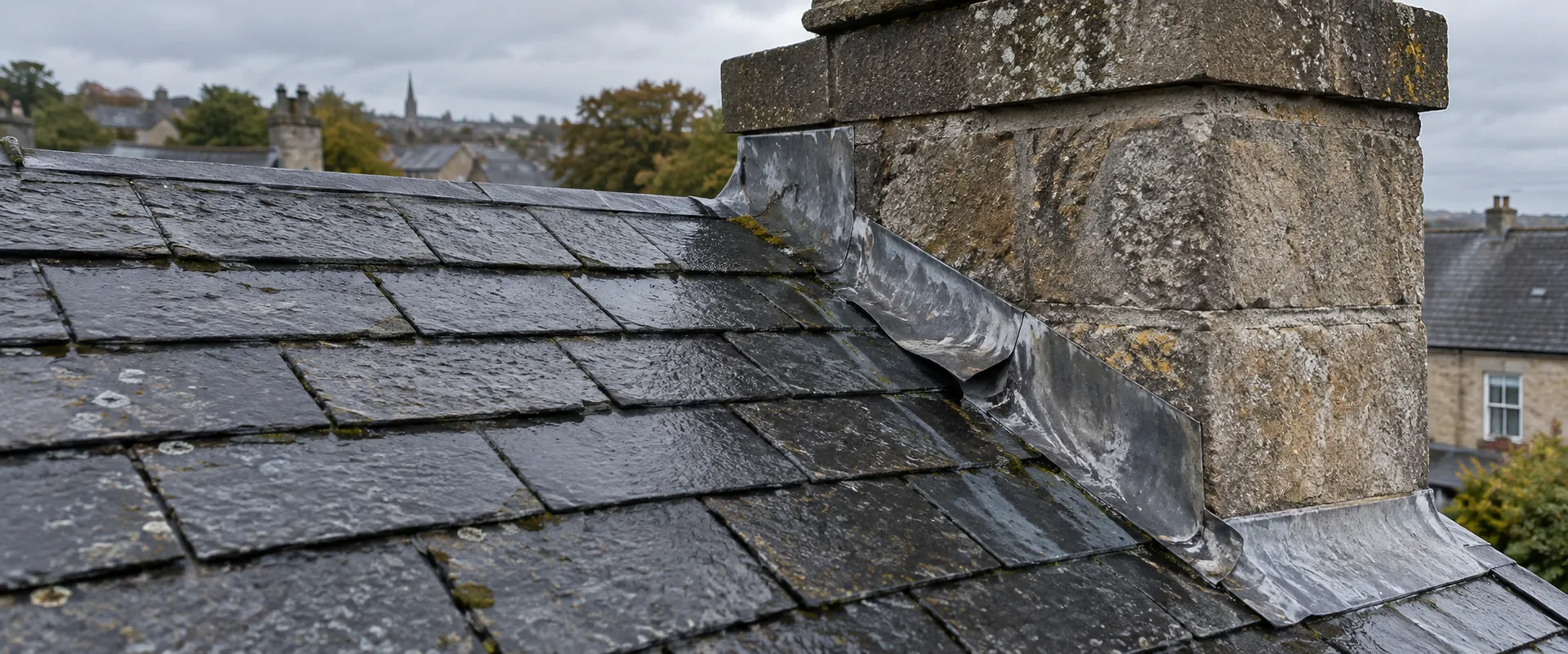 Illustrative slate-roof junction with weathered lead flashing beside a stone chimney.