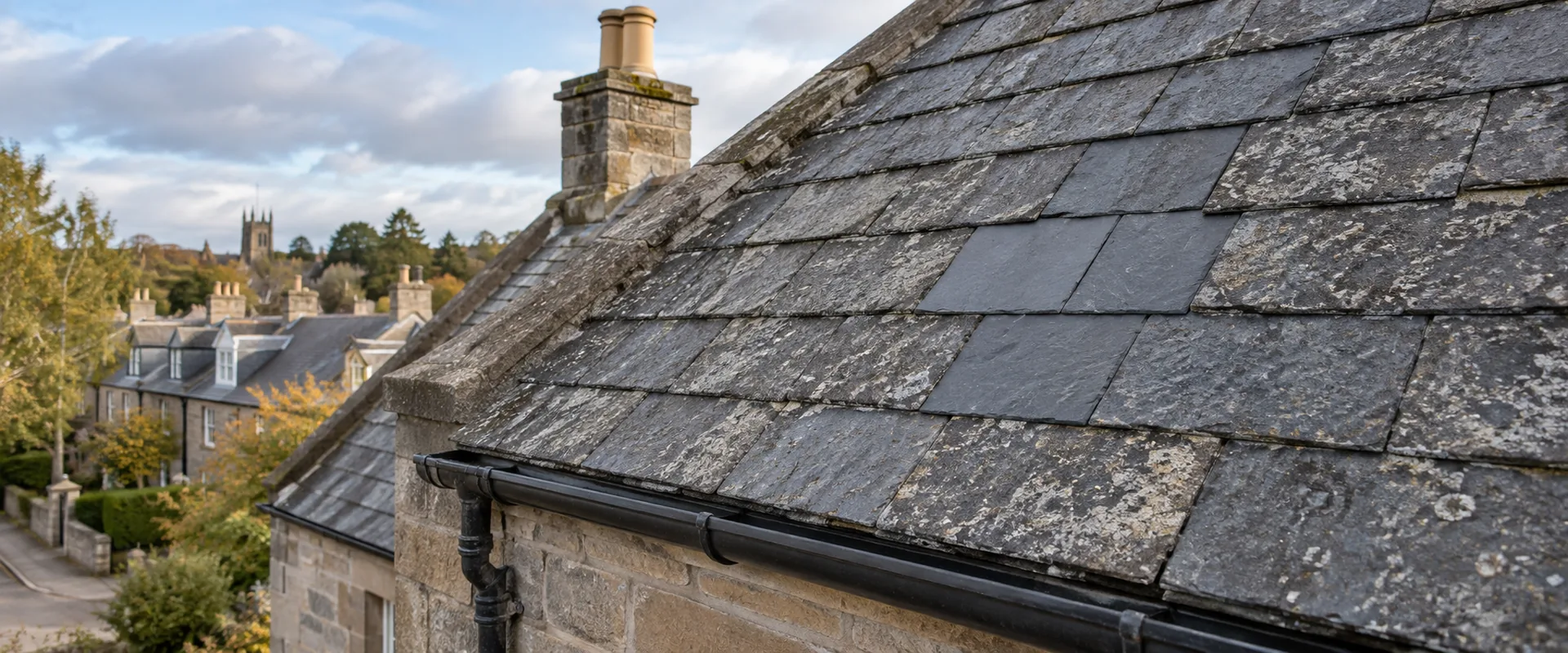 Illustrative close view of replacement slates within a weathered pitched roof.