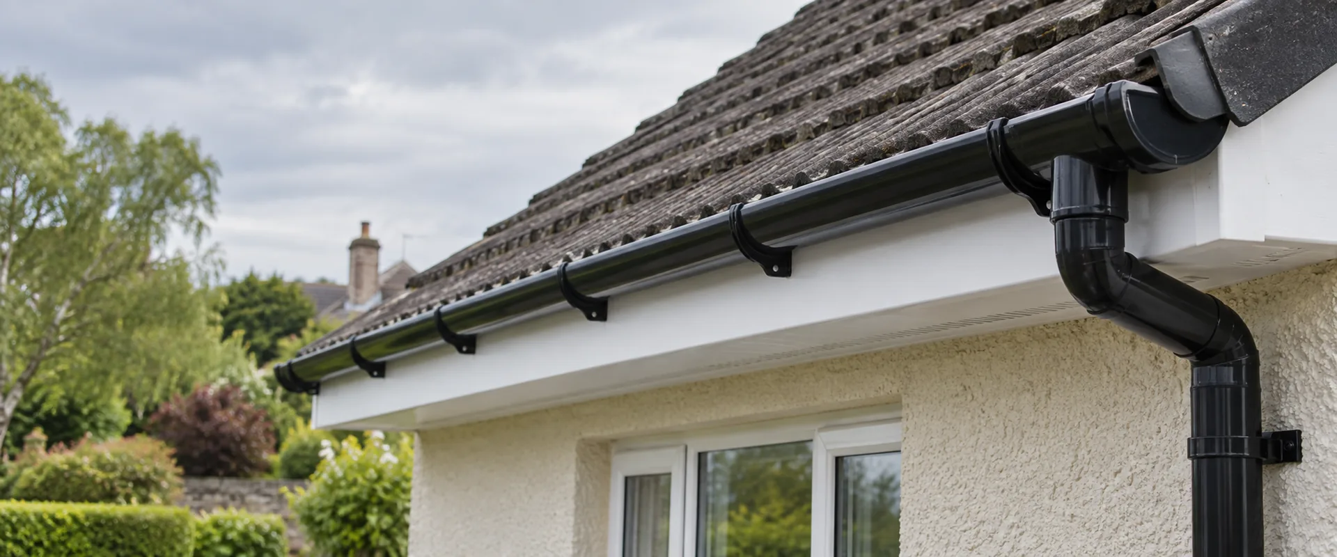 Illustrative white fascia and ventilated soffit with black guttering beneath a tiled roof.
