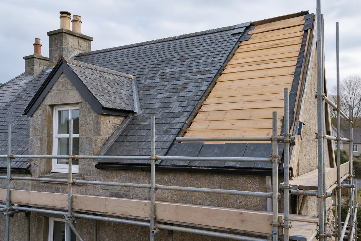 Illustrative timber sarking beside a partially laid slate roof with scaffold edge protection.