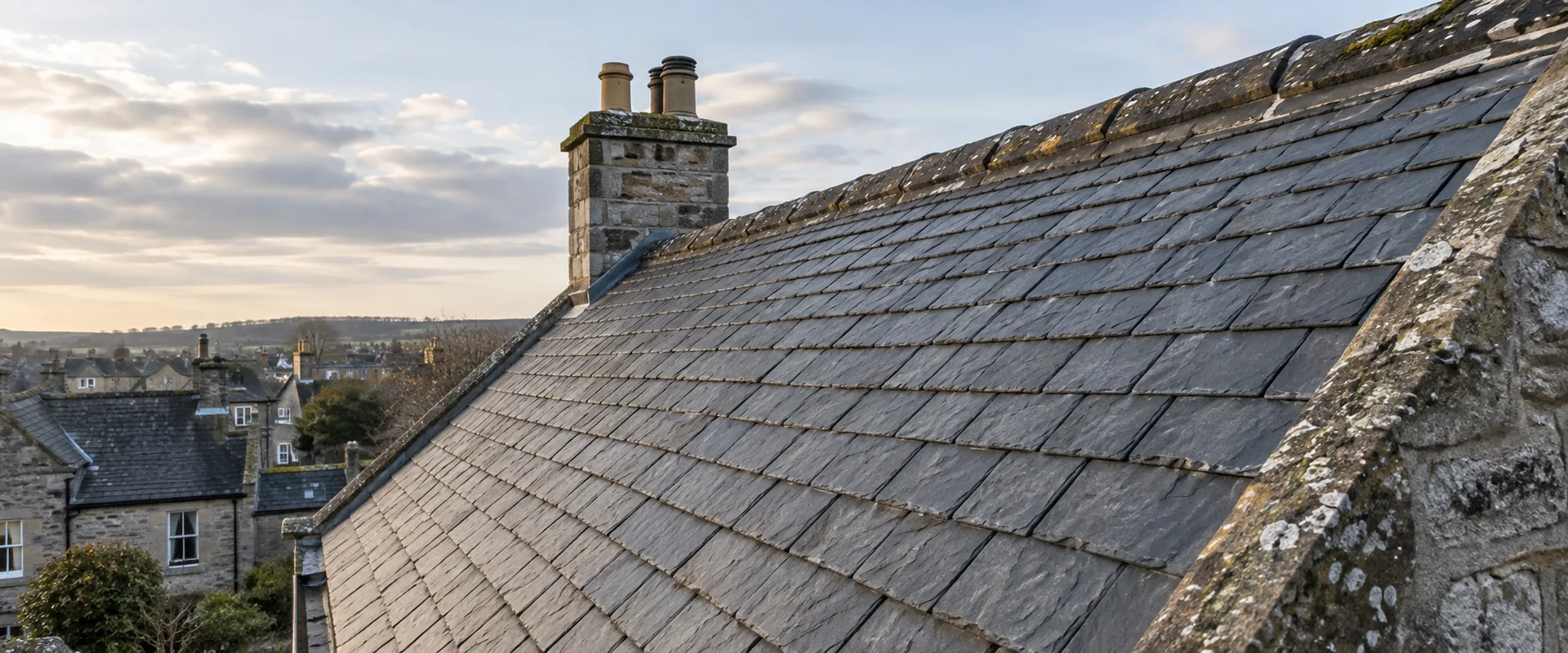 Illustrative natural slate roof with stone coping and chimney details.