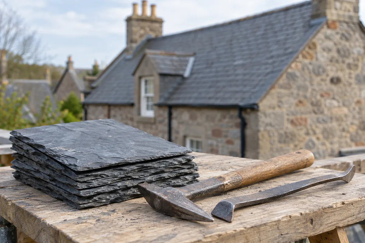 Illustrative natural slate samples and roofing hand tools on a timber platform.