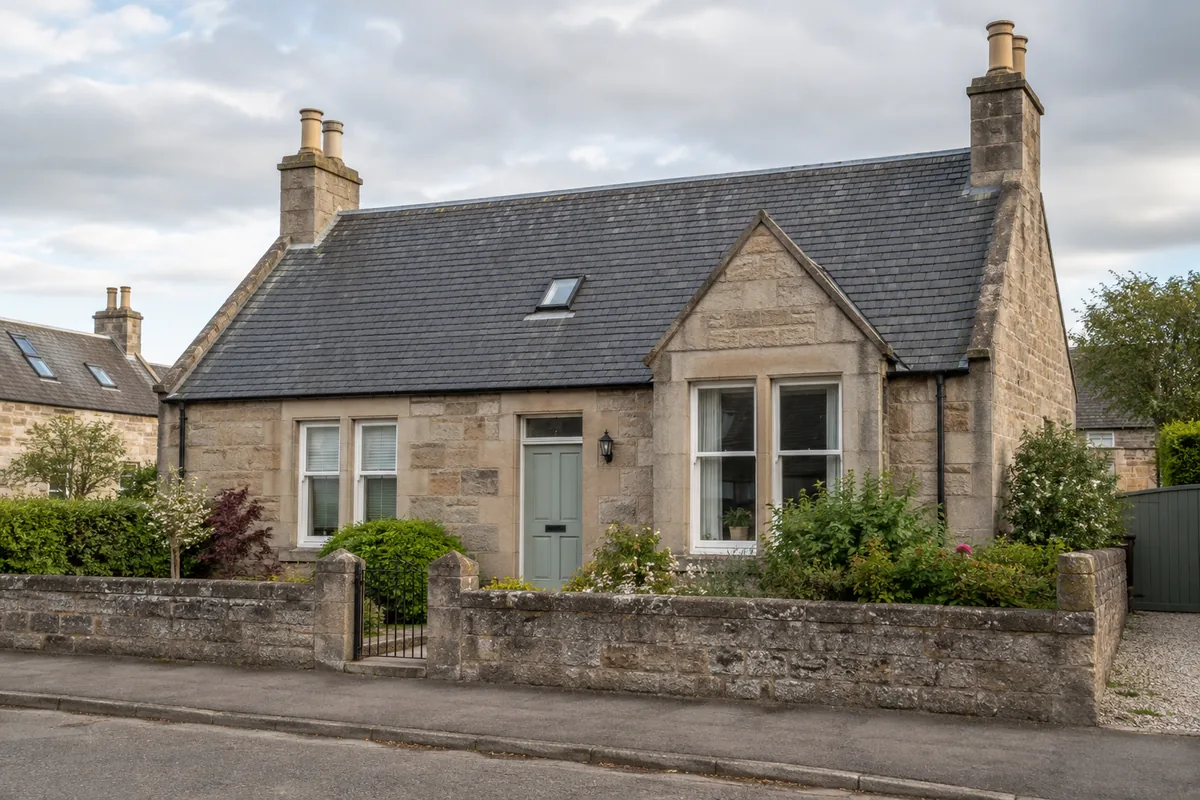 Illustrative sandstone house with a slate roof, stone chimneys and a small front garden.