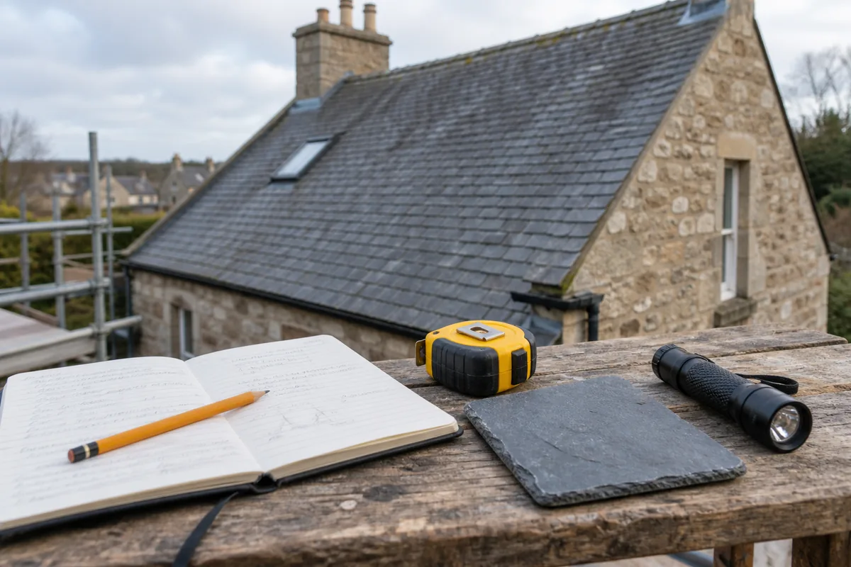 Illustrative inspection notebook, torch, tape measure and slate sample.