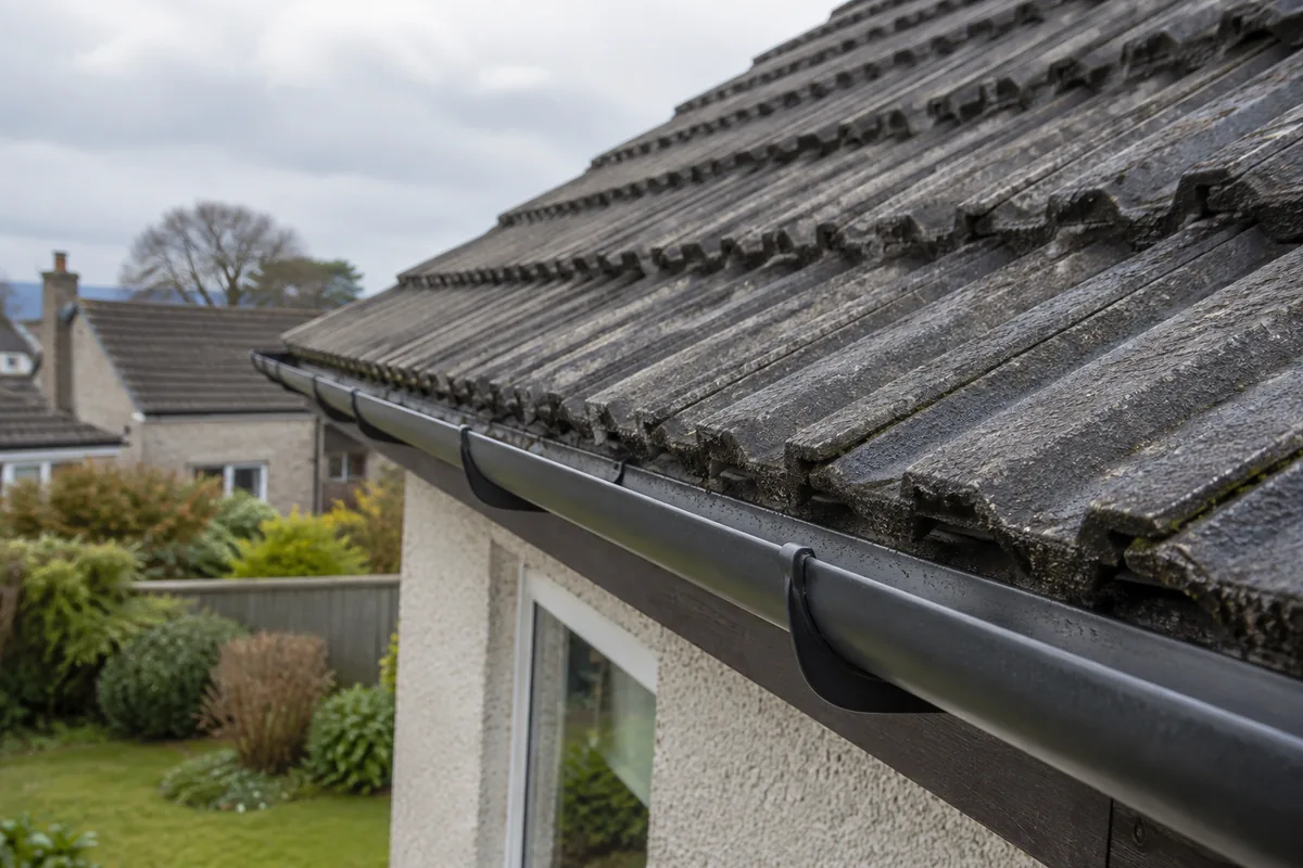 Illustrative overlapping concrete tiles at an eaves edge with black guttering.